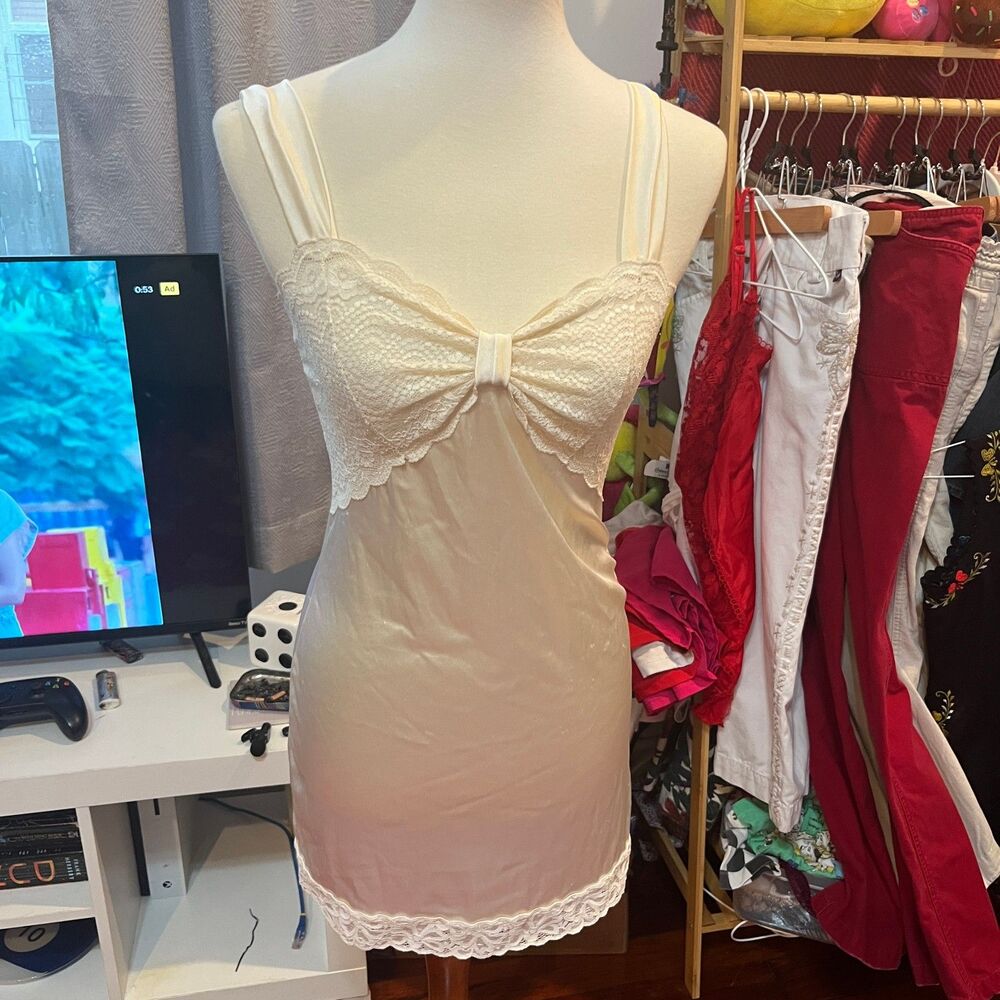 one of a kind vintage silk bowtie lace chest detailed slip dress